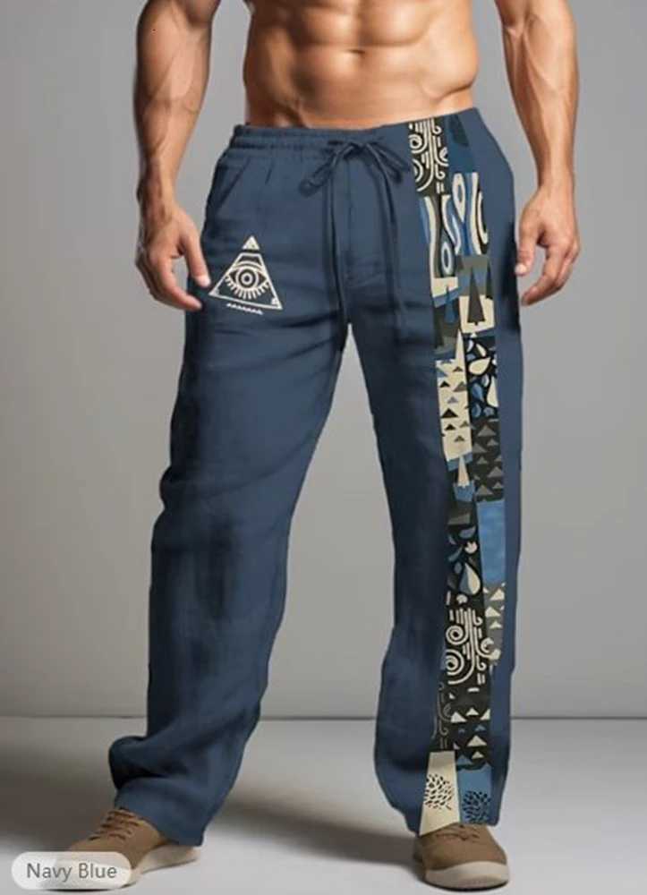 Mens Khaki Linen Drawstring Pants with Mystical Eye Tribal - Inspired Pattern Trousers 6XL W250819