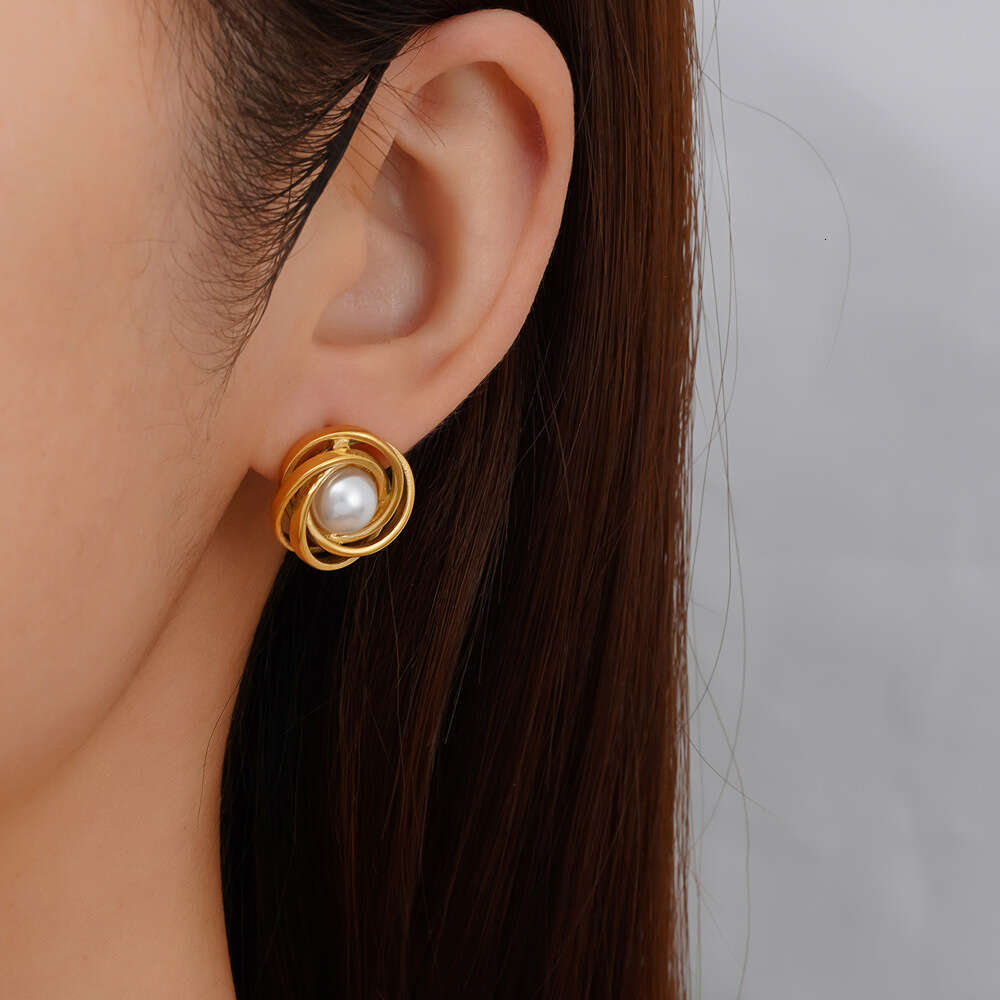 DHpet French Style High-End Minimalist Bird's Nest Pearl Earrings for Women Elegant Light Stainless Steel Wrap