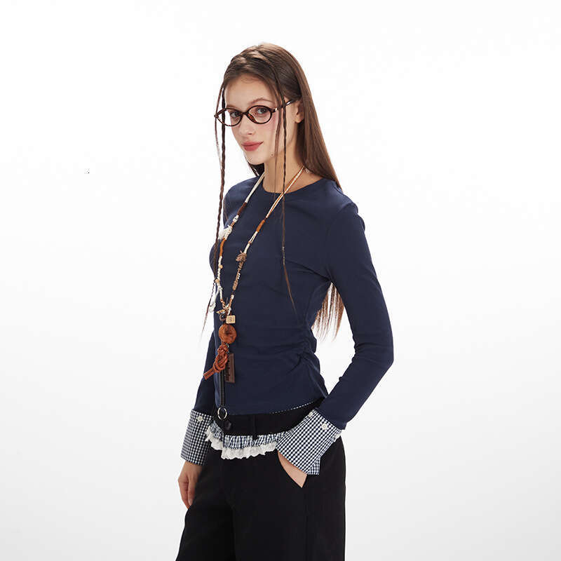 Waist-Cinching Ruched Patchwork Design Top For Women, Niche Early Spring And Autumn Color-Block Slimming T-Shirt B5