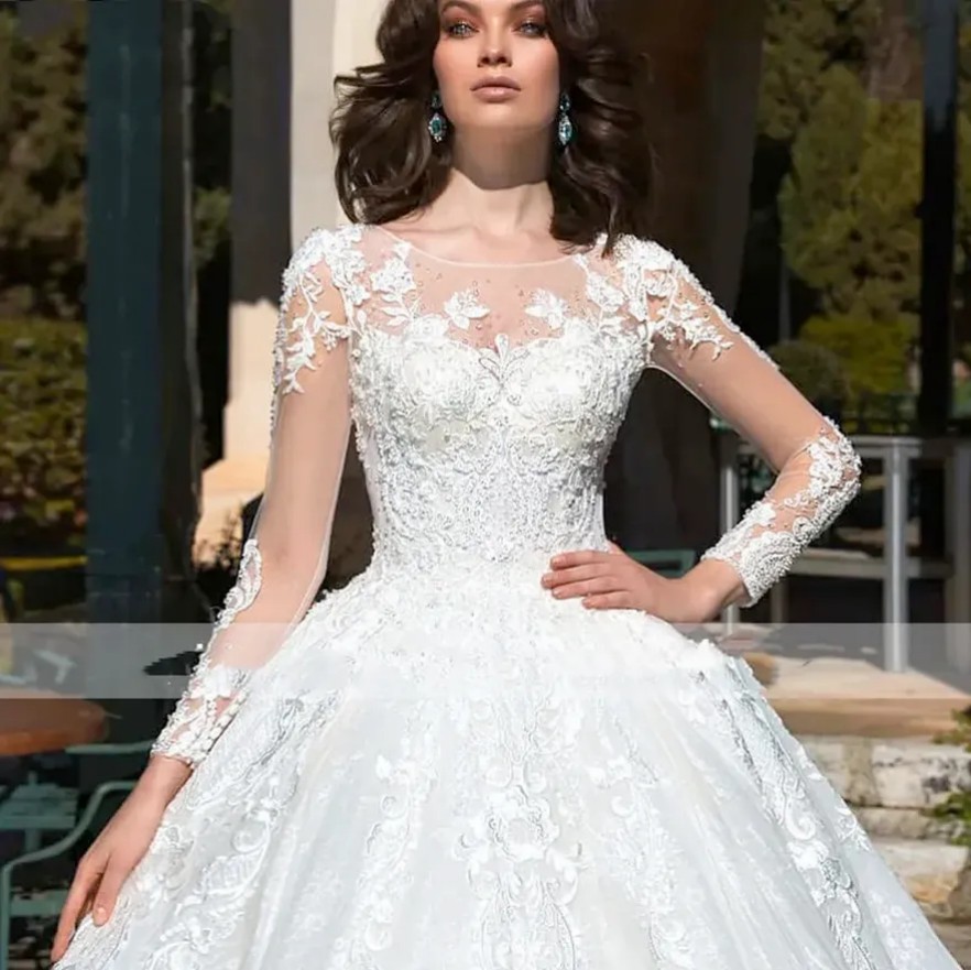 Elegant White Crewneck Tulle Long Sleeve Decal Beaded Bridal Maxi Wedding Dress for Women Cocktail Gown Vestidos De Novia