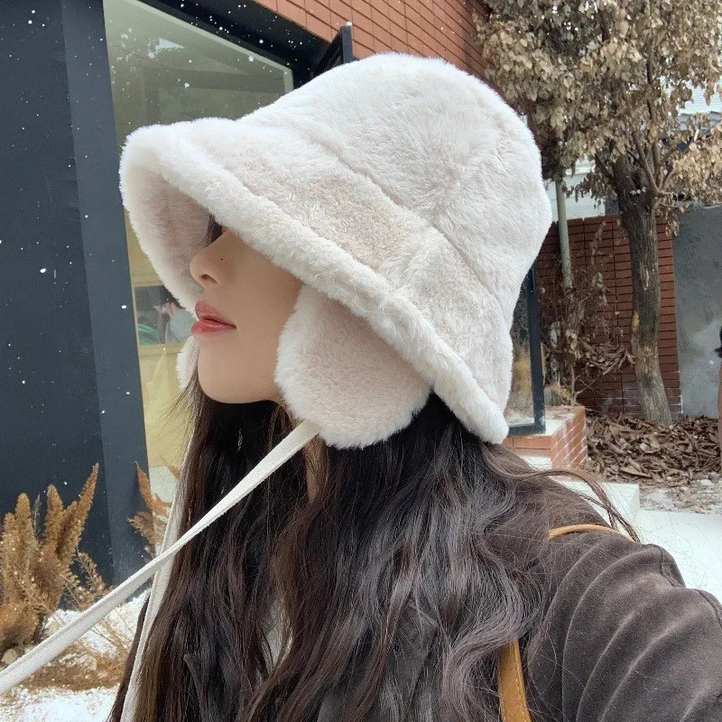 Korean Faux Fur Bucket Hat with Earflap Winter Warm Plush Ear Protection Fisherman Cap Solid Color Fluffy Fur Panama Cap 250819