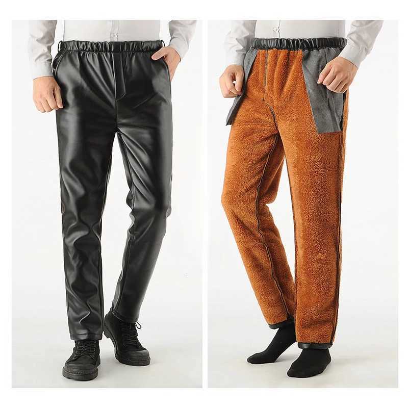 Men Gothic Pants Plus Fleece Thickened Winter Waterproof Straight Loose Elastic Comfortable Moto Biker Casual Leather Trousers W250819