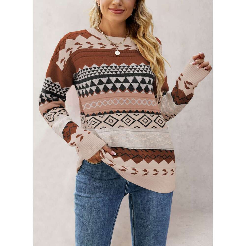Autumn Winter New Women's Clothing Pattern Diamond Jacquard Multi-Color Spliced Knitted Sweater Pullover B5