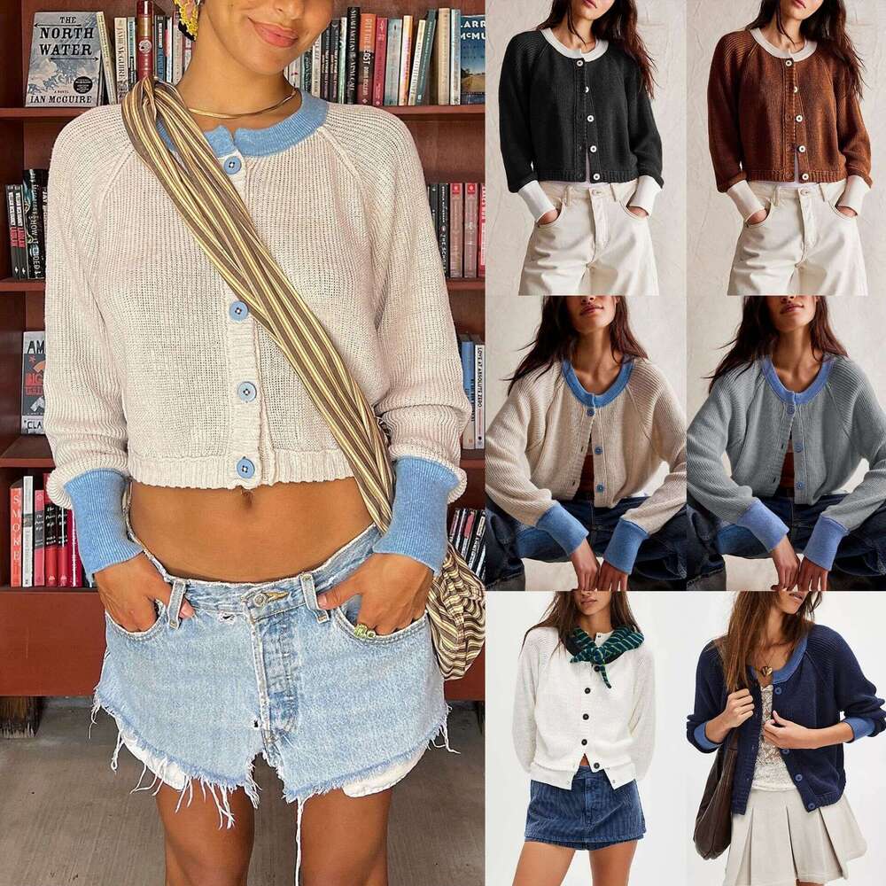 Autumn Winter New Temu Women's Color-Block Round Neck Cardigan Knitwear Single-Breasted Jacket B5