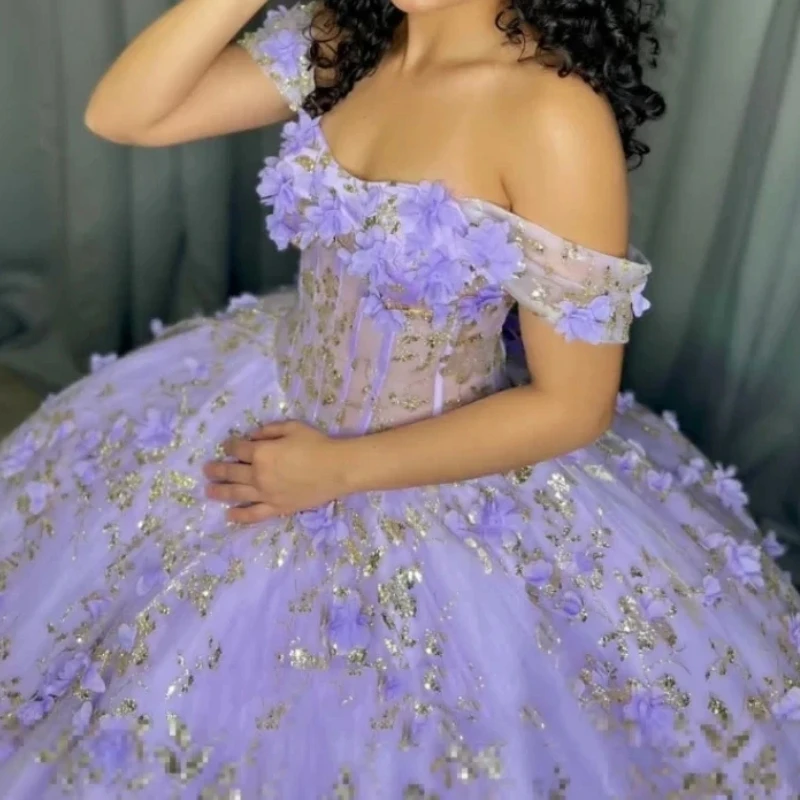 Lavender Shiny Quinceanera Dresses Beads Gold Sequin Appliques Flower Ball Gown Off The Shoulder Birthday Party Vestidos 15 Anos Sweet 16 Dress