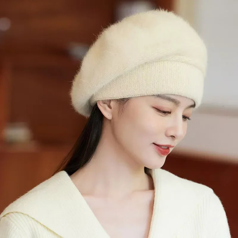 rabbit fur Beret Women Winter Angora Knit Hat Double Layers Warm Soft Accessory For Autumn winter Outdoors Sports Cold Weather 250819