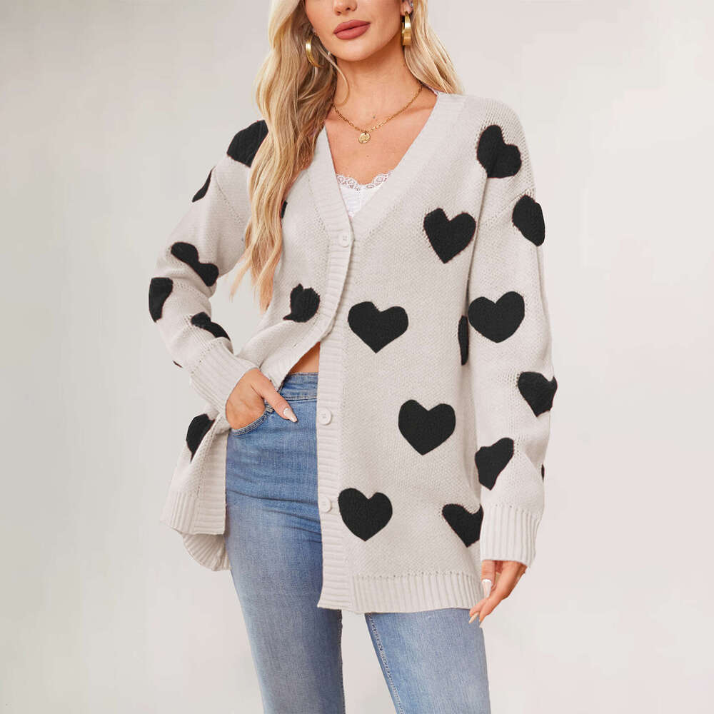 Autumn Winter New Temu Valentine's Day Heart Knitted Mid-Length Coat V-Neck Button Cardigan For Women B5