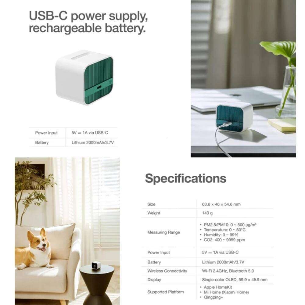 Qingping Smart Air Detector Lite CO PM Temperature Humidity Monitor Touch Screen Works With Apple Homekit Mi Home APP