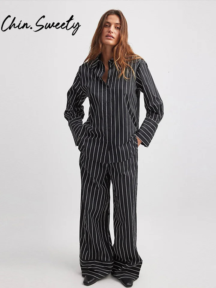 Casual Striped Print Top Trousers Women Set Long Sleeve Lapel Button Shirt Wide Leg Pleated Pants Autumn Elegant Lady Suit 250819