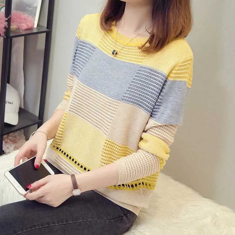 2023 New Sweater Women Striped Pullover Thin Knitting Korean Version Loose Hook Hollow Jumper Casual Top XJ250819