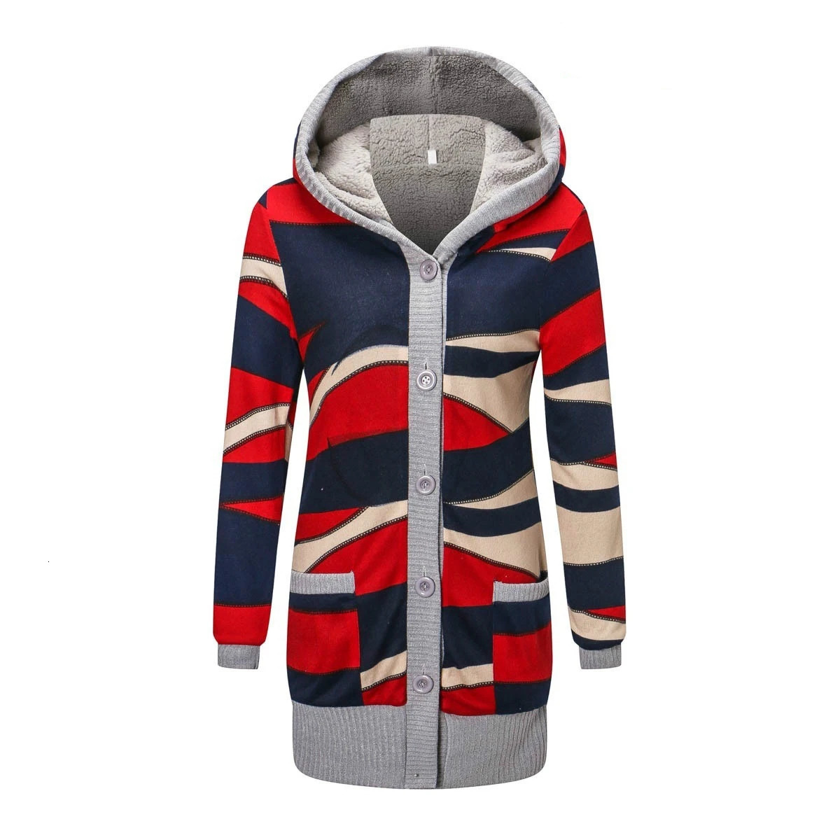 Women Cardigan Striped Print Long Sleeve Sweater Coat Buttons Closure Hooded Plush Lining Outerwear For Autumn Winter 250819