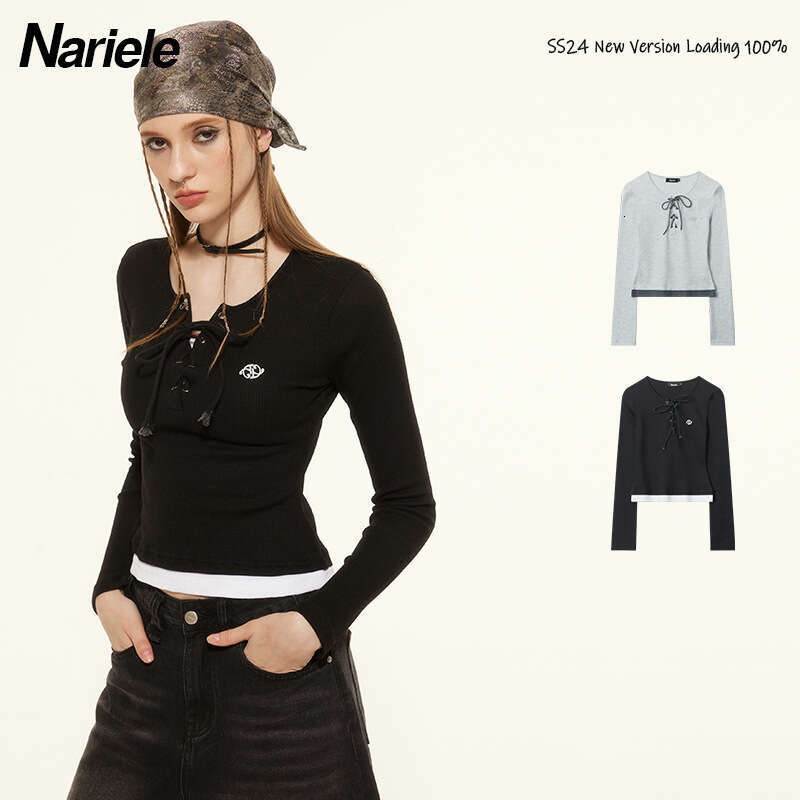 Spring And Autumn Waffle Design Slim Fit Color-Block Round Neck Tie-Up Hot Girl Long Sleeve Women's T-Shirt B3