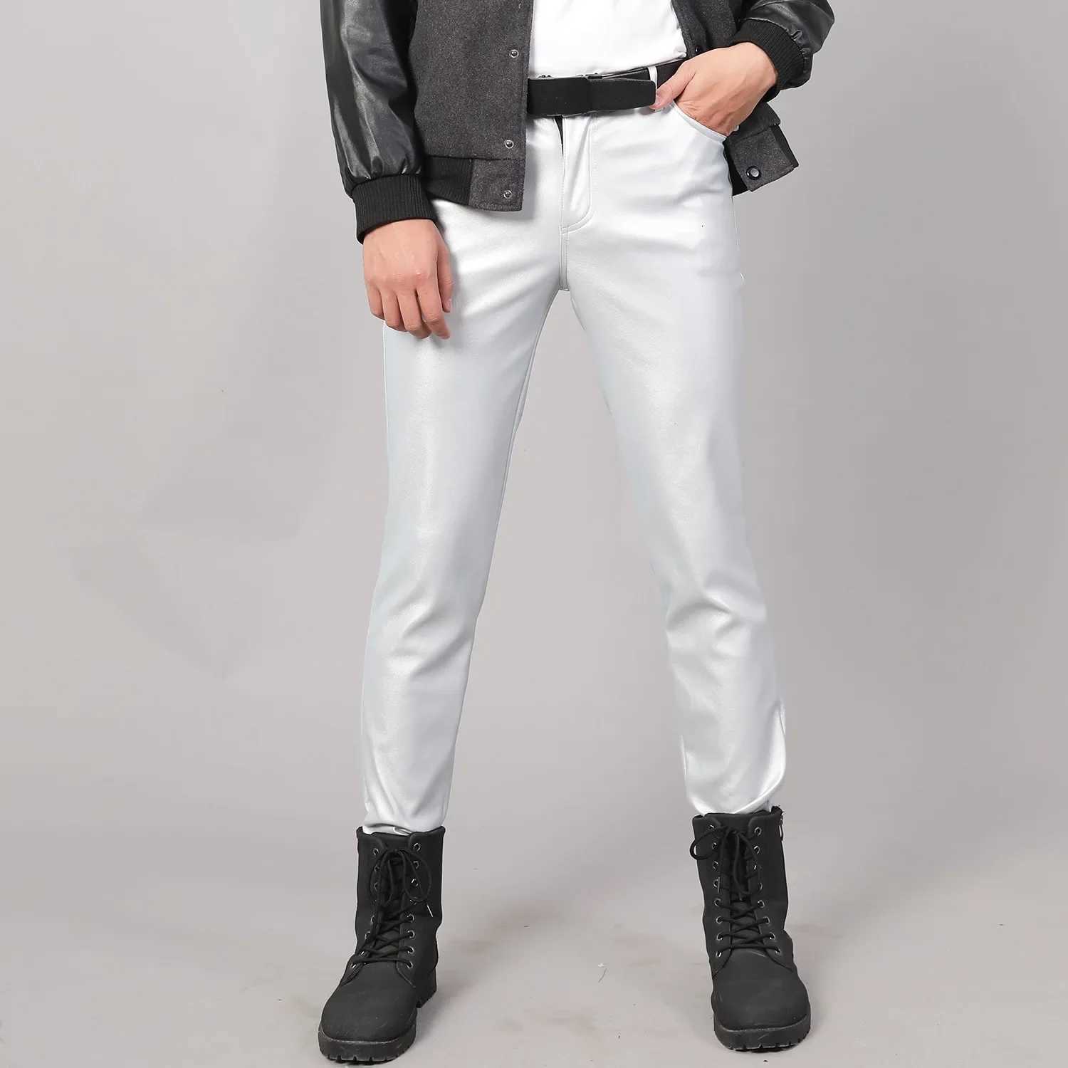 Red Men Moto Skinny Elastic Faux Leather Pants Black Gold White Thin PU Trousers Brand Men Clothing Asian Size 28-40 W250819
