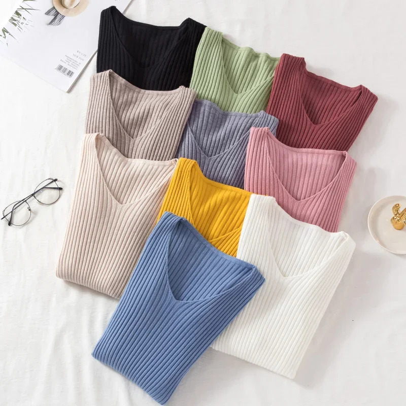 Casual Long Sleeve Knitted V Neck Pullover Autumn Winter Women Sweaters Femme Basic Solid Jersey Tops Fashion Clothes 250819