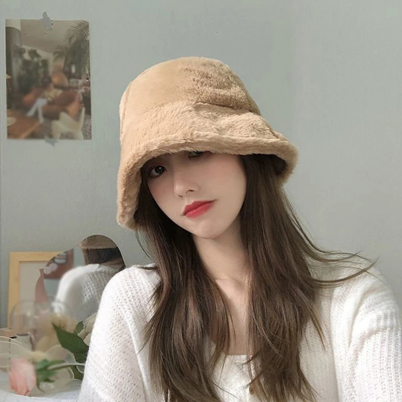 Soft Winter Plush Warm Bucket Hat For Women Girl Solid Color Fordable Wide Brim Panama Cap Outdoor Windproof Tour Basin Hats 250819