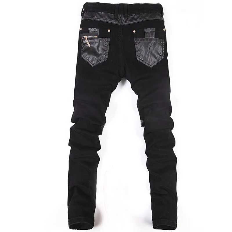 New Fashion Men Leather Pants Patchwork Casual Skinny Mens Motorcycle Jeans High Quality Mens Slim Trousers Jeans Size 28-36 W250819