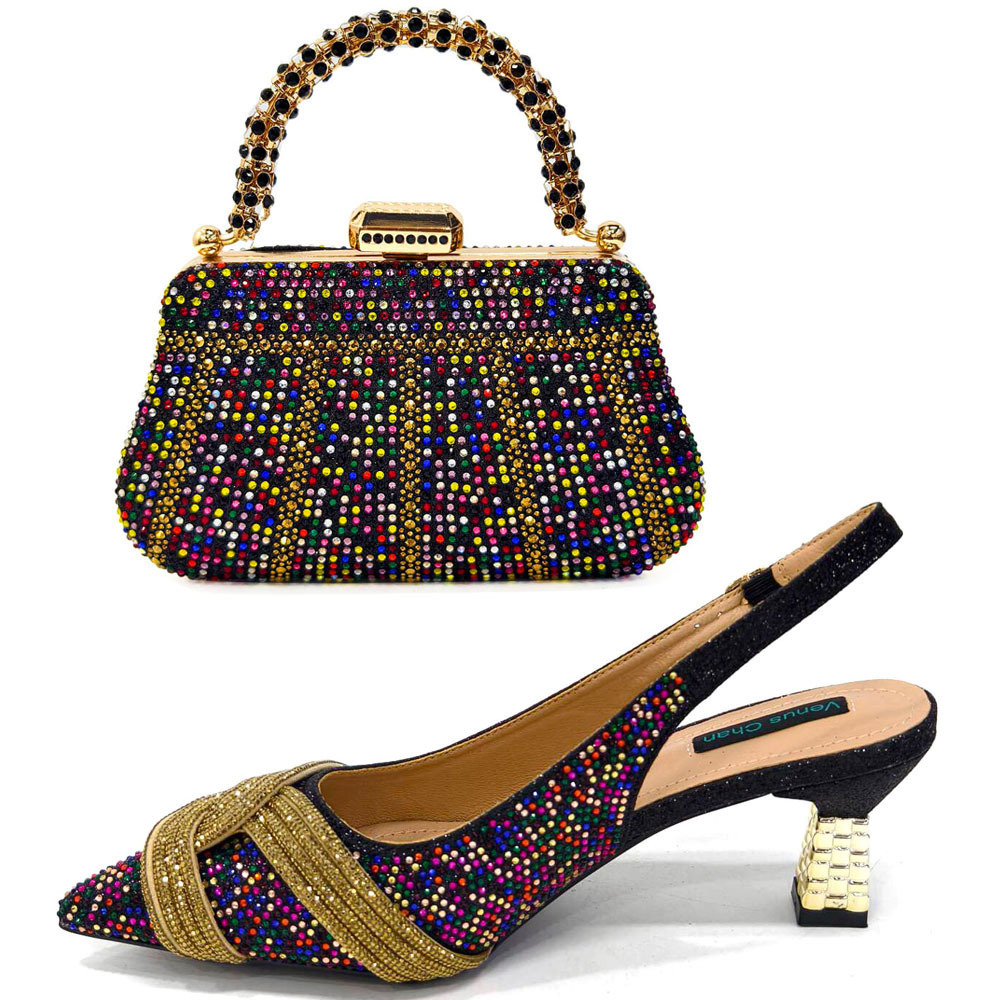 Gold Pointed Toe High Heels for Women Mixed Rhinestones Pumps Italian Shoes and Bags Matching Set For Elegant Party 38-43 241031