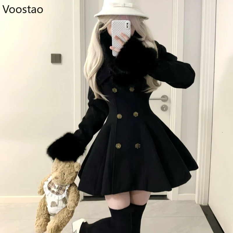 Autumn Winter Japanese Elegant Lolita Woolen Coat Women Sweet Fur Collar Slim Jacket Female Korean Y2k Warm Dress Cute Overcoat 250818