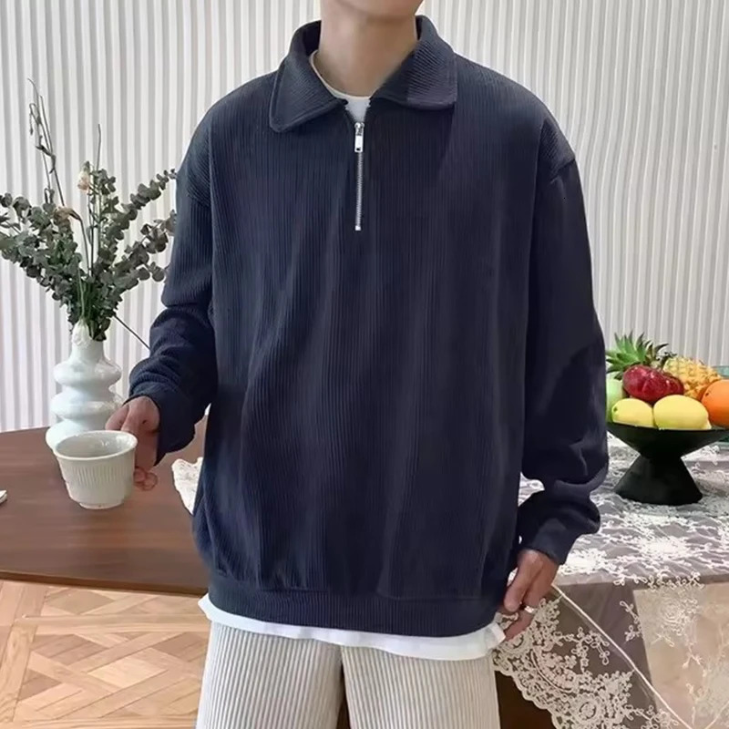 Lapel Zipper Sweater Mens Knitwear Solid Color Pullover Jumpers Vintage Long Sleeve Polo T-Shirts Japanese Oversized Sweater 250818
