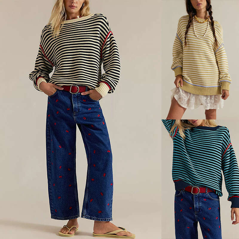 New Autumn And Winter Women's Striped Knitted Round Neck Pullover Loose Sweater B3