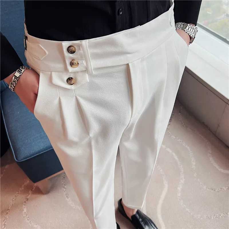 British Style Spring New Solid Business Casual Suit Pants High Waist Button Men Formal Pants High Quality Slim Office Trousers W250819