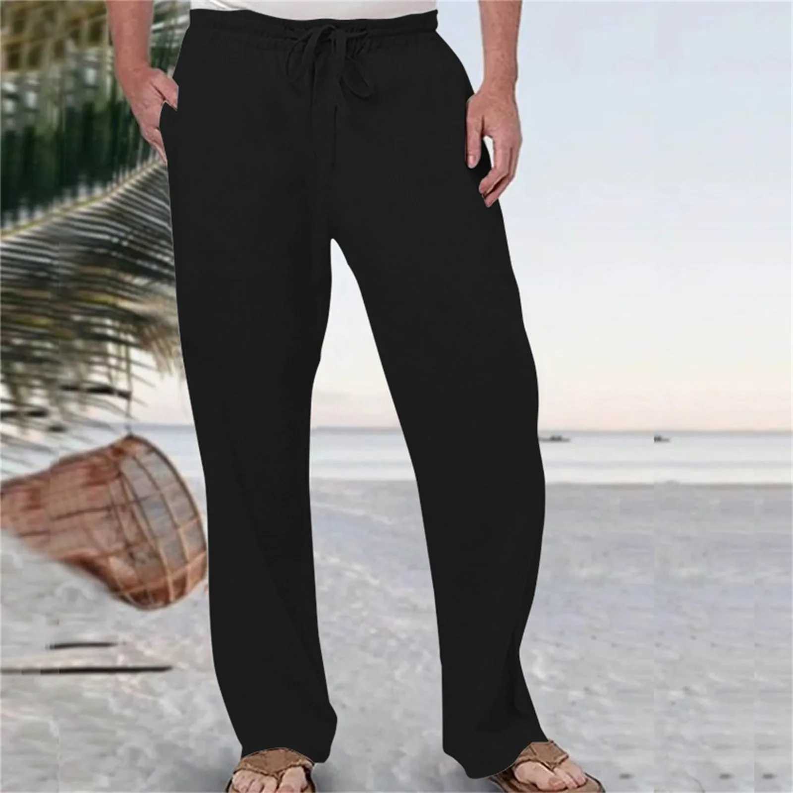 Mens Fashion Casual Pants Solid Color Breathable Cotton Linen Elastic Waist Straight Pants With Pockets Large Size White Pants W250819