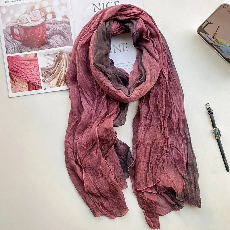 Retro Ethnic Style Cotton and Linen Scarf Womens Tie Dye Long Pleated Gradient Shawl Korean Artistic Fresh Fashion Trends 250818