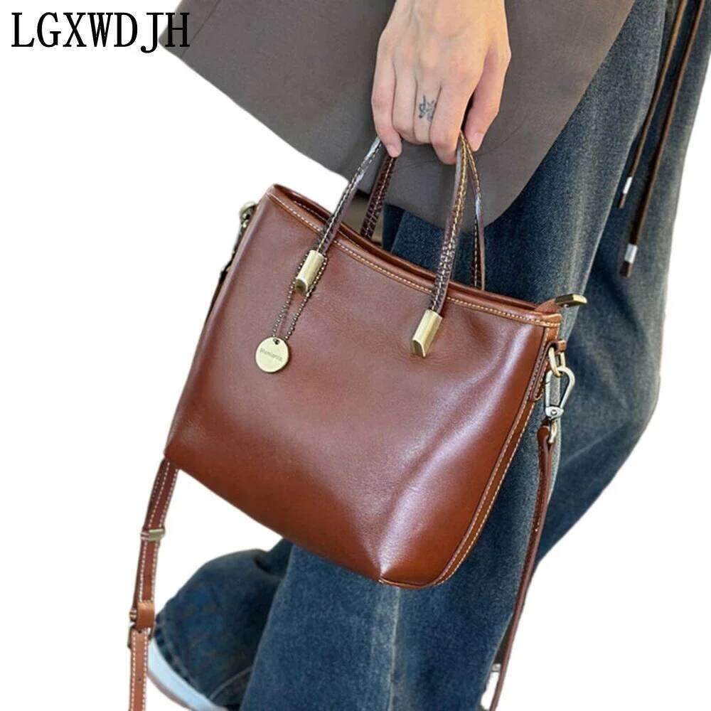 Plant First-Layer Cowhide Retro Women's Shoulder Bag European And American Kitten Crossbody Bags For Women Bucket Type Handbags