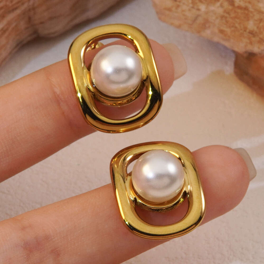 Square Geometric Hollow Earrings with Small Beads, Ladylike Style, Autumn and Winter