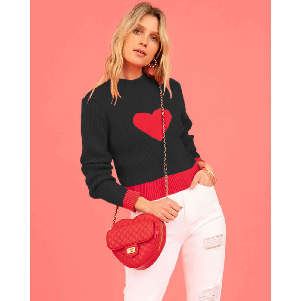 Women's Valentine's Day Autumn Winter High Neck Color Block Heart Peach Slim Sweater B5