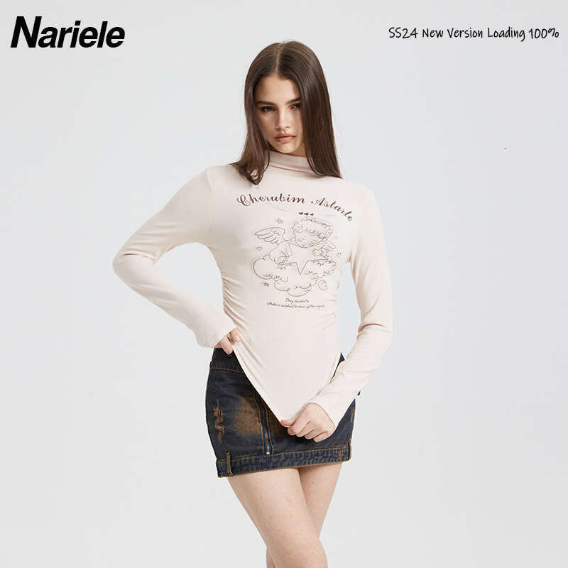 Angel Print Ruched Design Spring Long Sleeve T-Shirt For Women Pure Desire Style Sexy Short Top B3