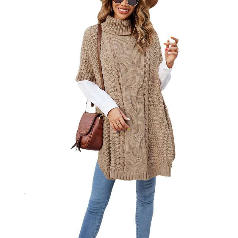 Women's Clothing Autumn Winter New High Neck Cable Knit Shawl Loose Half Sleeve Vest Sweater B5