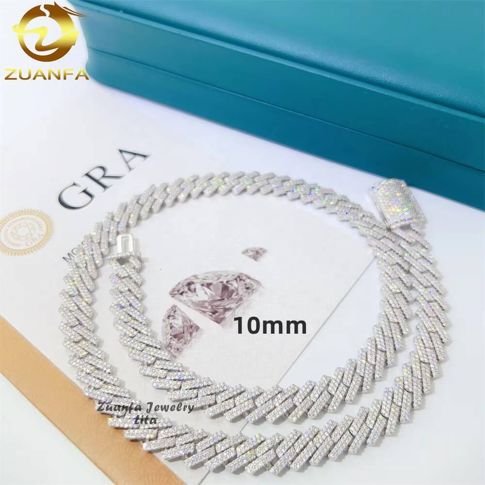 Hip Hop Hot Selling Miami 10mm 12mm Vvs Moissanite Diamond Iced Out Necklace Sliver Cuban Link Chain