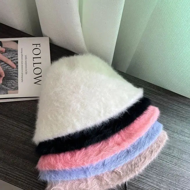 Rabbit hair fisherman hat womens versatile warm water bucket hat autumn and winter show face small basin hat 250819