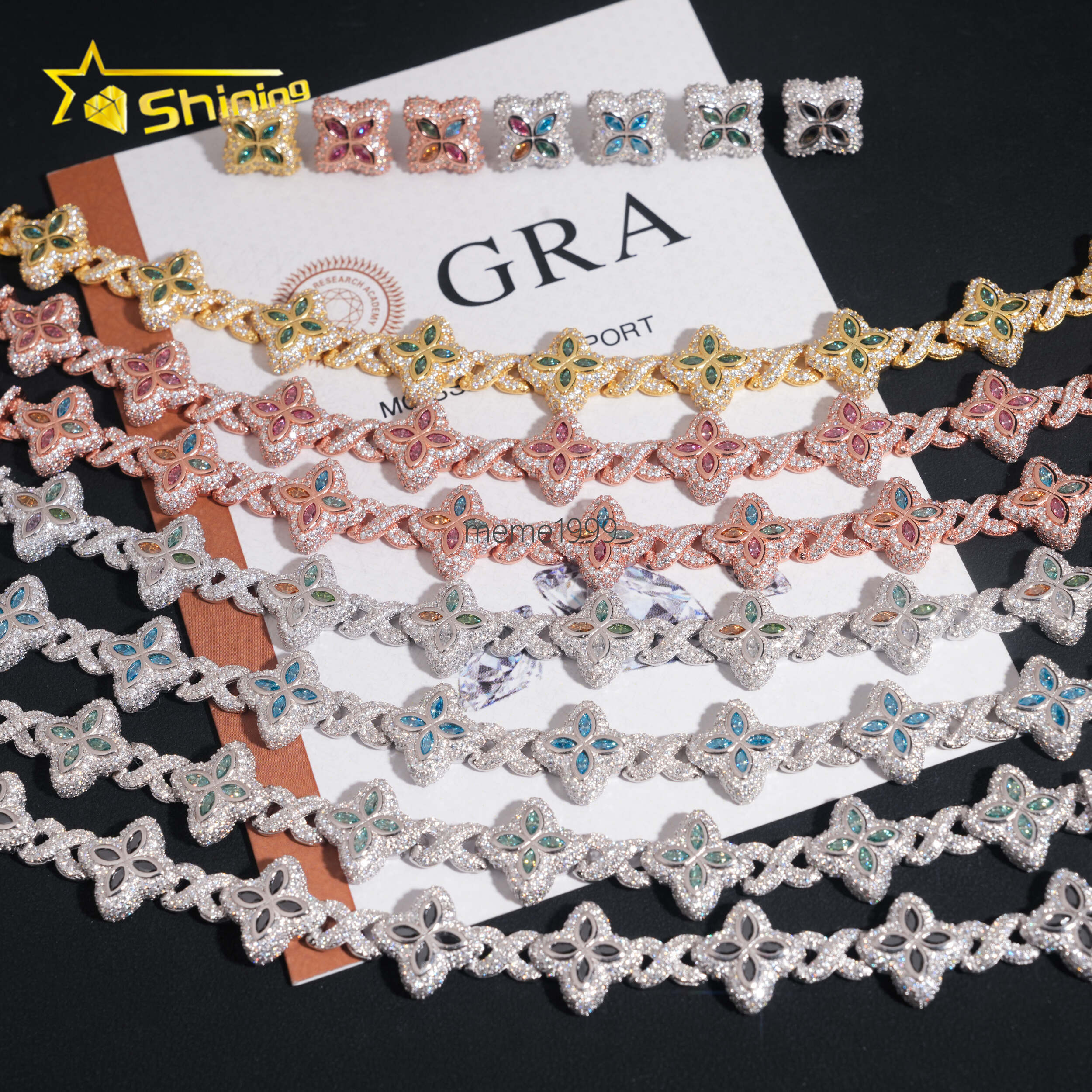 Hot Sale VVS Moissanite Iced Out 925 Silver 18K Gold Plated Colors Moissanite Flower 7 Bracelets 15mm Earrings Jewelry Sets