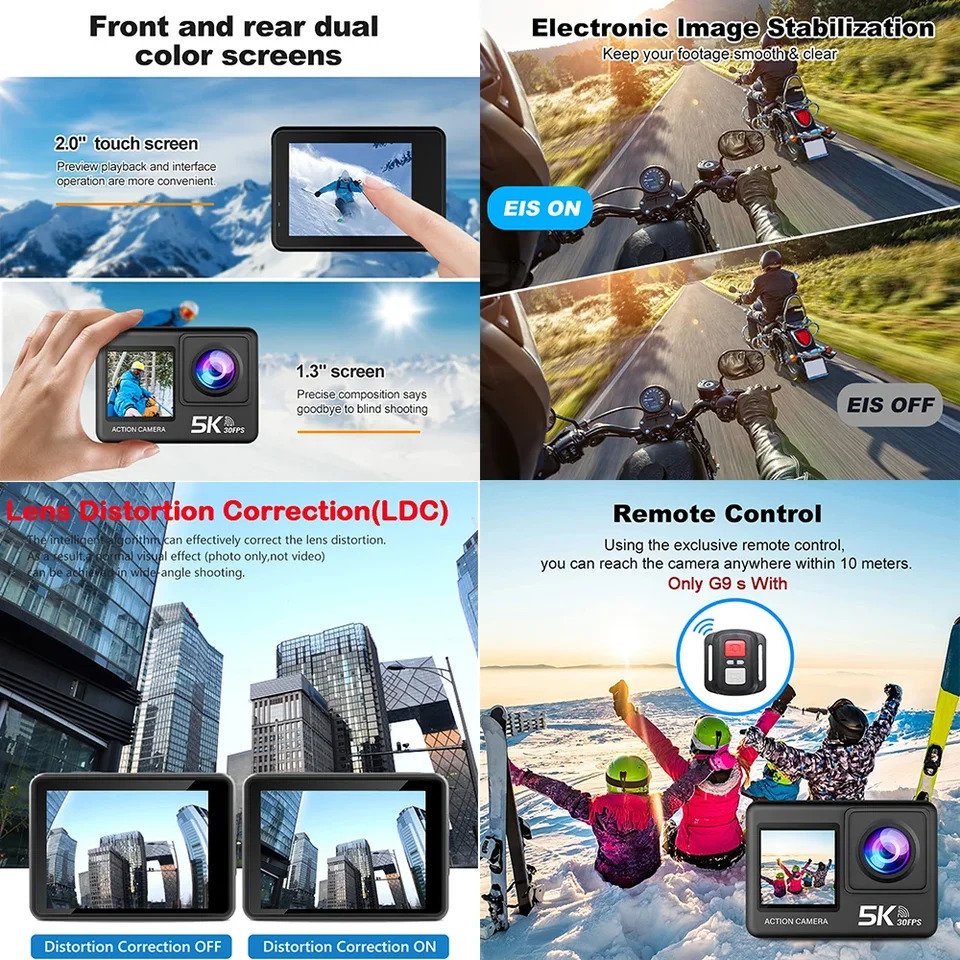 G9SE Action Camera 5K30fps 4K60fps 50MP 2.0 Touch LCD EIS DVR Webcam Dual Screen Wi-Fi 170D Waterproof 30M 5X Zoom Sports Camera 250813