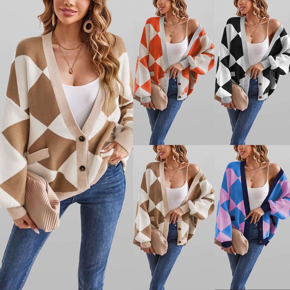 Autumn Winter Coat Sweater New V-Neck Diamond Stitching Color-Blocking Loose Knitted Cardigan For Women B5