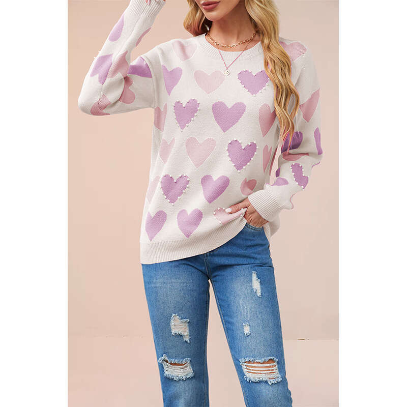 Autumn Winter New Tiktok Valentine's Day Round Neck Beaded Heart Peach Pullover Knitted Sweater For Women B5