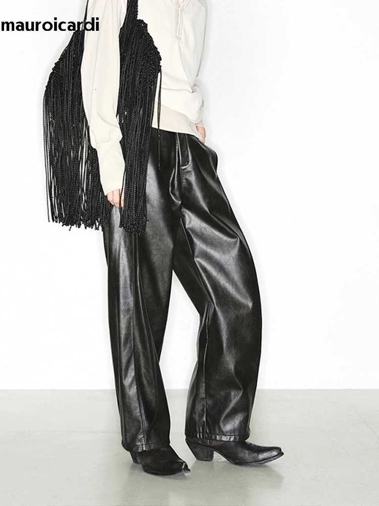 Mauroicardi Spring Autumn Long Loose Casual Cool Black Pu Leather Straight Pants For Men Luxury Designer Clothes Trouser 2023 W250819