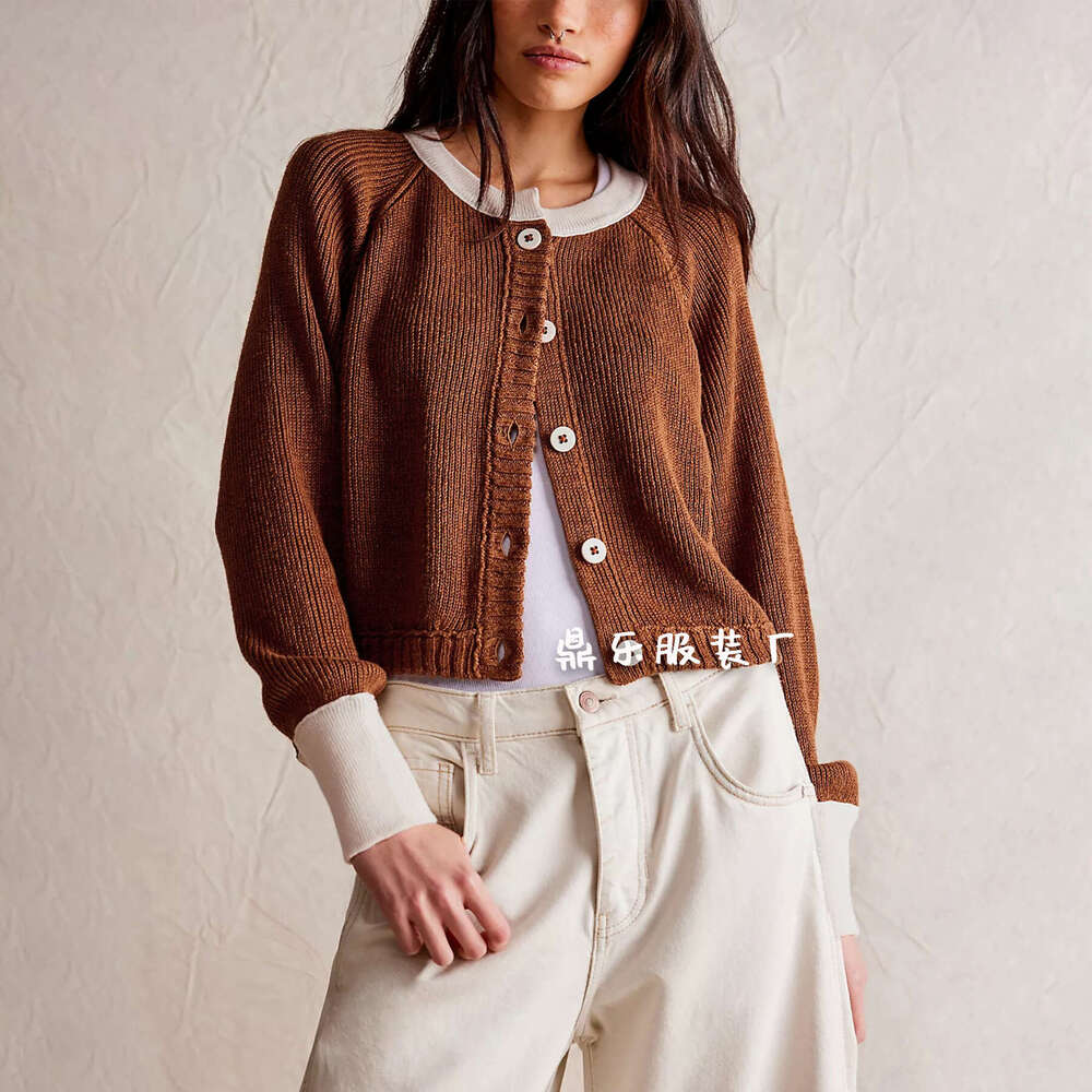 Autumn Winter New Temu Women's Color-Block Round Neck Cardigan Knitwear Single-Breasted Jacket B5