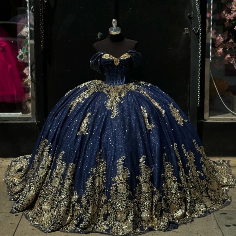 Navy Blue Quinceanera Dresses Gold Sequin Appliques Lace Beads Tull Ball Gown Bow Sweet 16 Dress Vestidos 15 De Anos