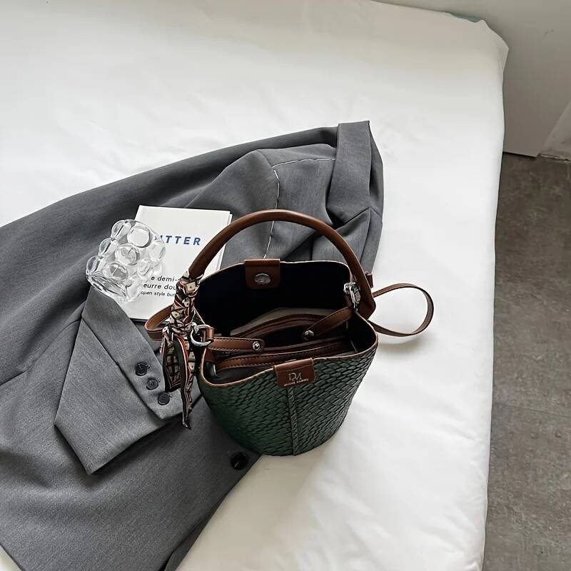 Fashionable Women's Bucket Stylish Solid Color Woven Effect Handbag Shoulder Bag And Crossbody Bag, Can Be Carried By Hand