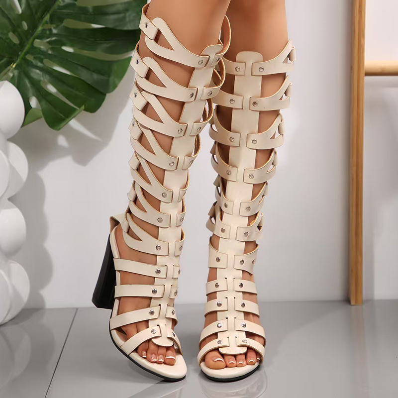 Women Designer Strappy Open toe Knee High Summer Gladiator Flat Sandals Roman Bandage Casual Boots Shoes breathable and comfortable 10/10