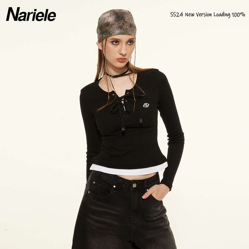 Spring And Autumn Waffle Design Slim Fit Color-Block Round Neck Tie-Up Hot Girl Long Sleeve Women's T-Shirt B3