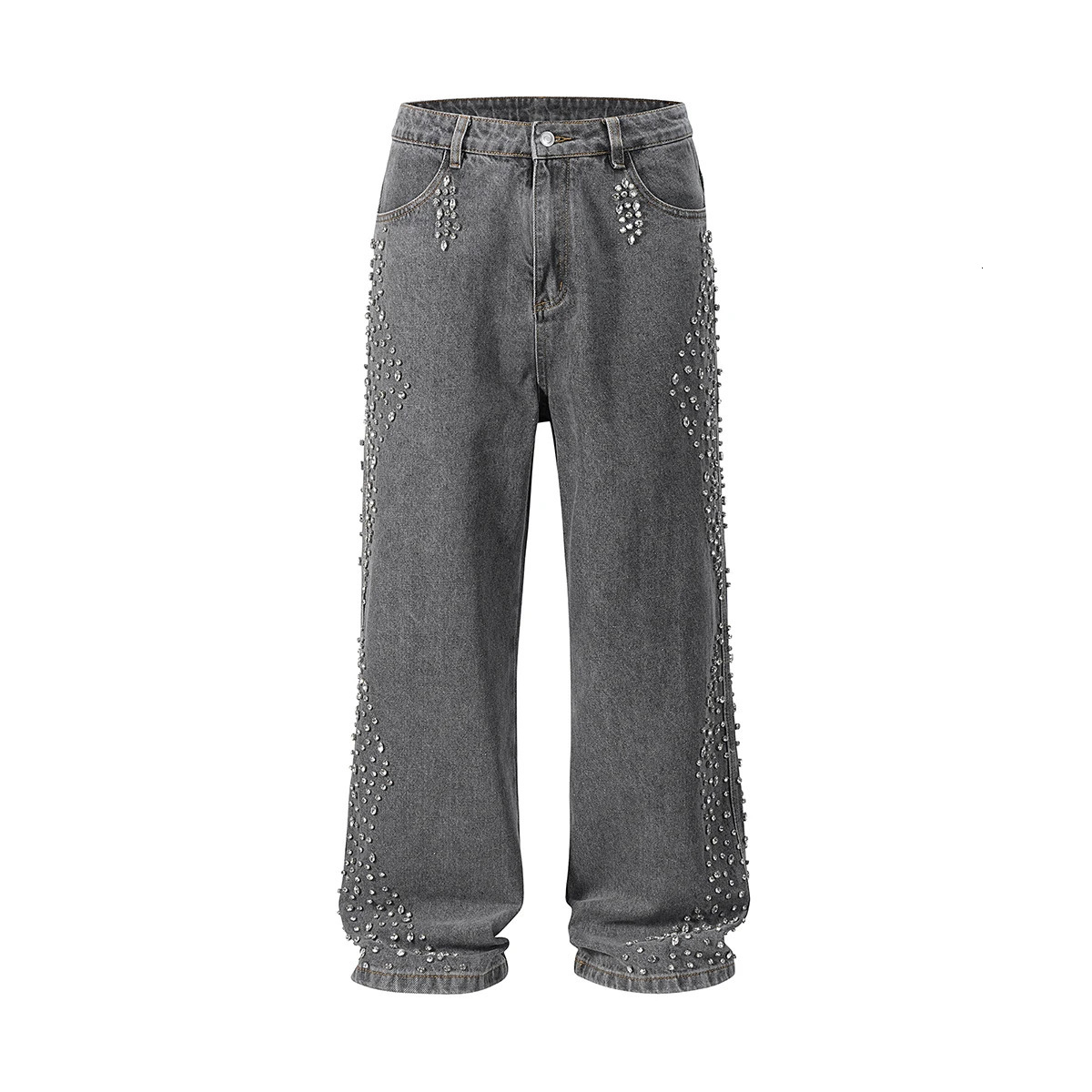 Pearl Studded Diamond Jeans for Men Full Rhinestone Straight Blue Baggy Denim Trousers Drill Vintage Loose Casual Cargos 250819