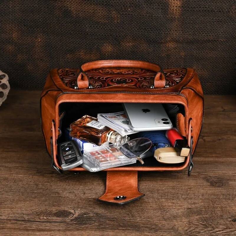 MOTAORA New Vintage Emed Handmade Handbag For Women Versatile PU Leather Shoulder Bag Large Capacity Crossbody Bags Female