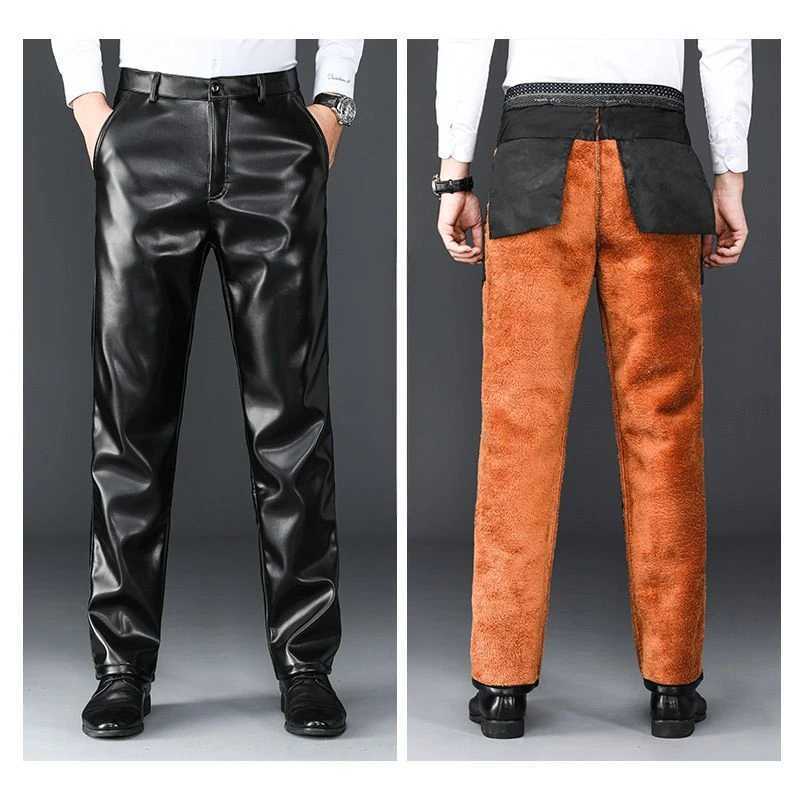 Men Gothic Pants Plus Fleece Thickened Winter Waterproof Straight Loose Elastic Comfortable Moto Biker Casual Leather Trousers W250819
