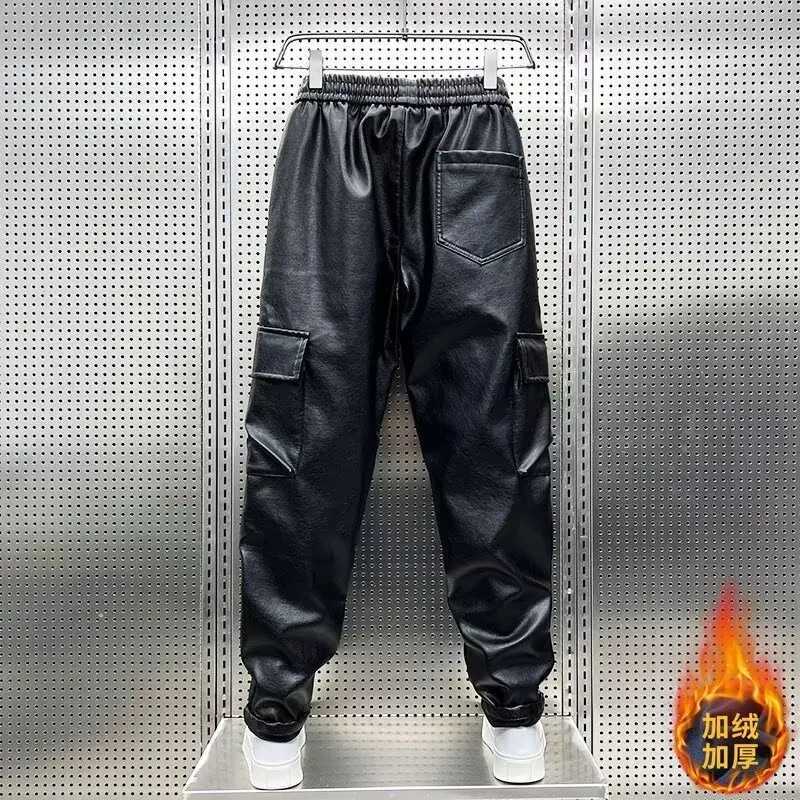 Mens Leather Motorcycle Cargo Pants Multi-Pockets Black PU Pants Men Elastic Waist Mopping Trousers Luxury Elastic Waist Pants W250819