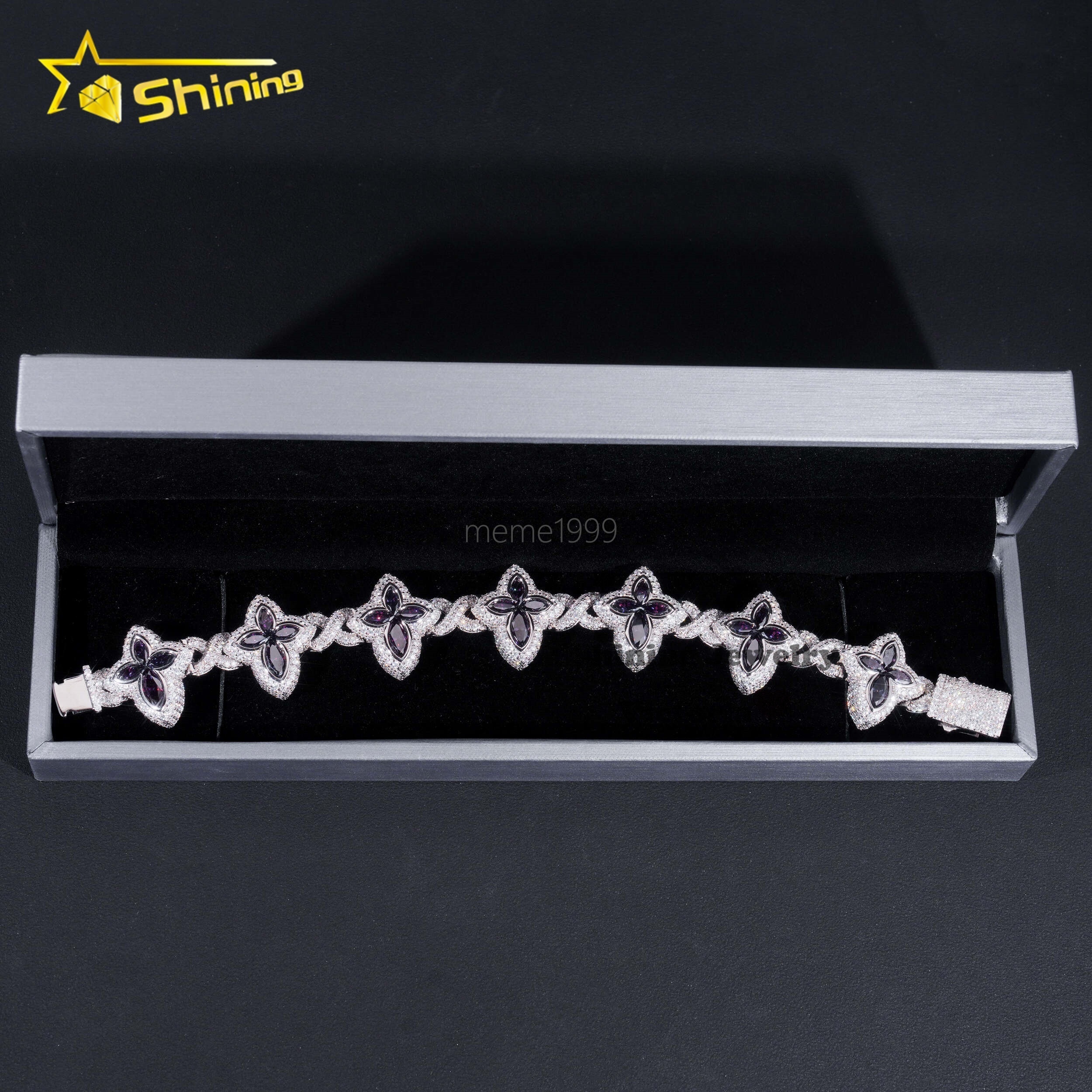 Fine Jewelry 925 Sterling Silver Colored Moissanite Drop Water Pear Shape Black Diamond Clover Hip Hop Infinity Cuban Bracelet