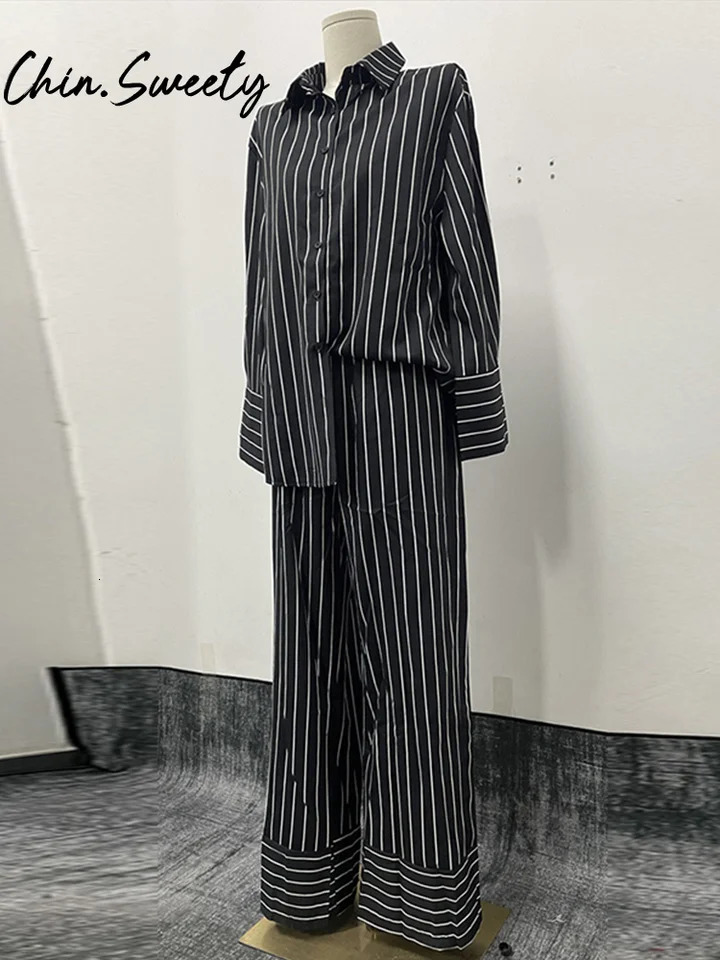 Casual Striped Print Top Trousers Women Set Long Sleeve Lapel Button Shirt Wide Leg Pleated Pants Autumn Elegant Lady Suit 250819